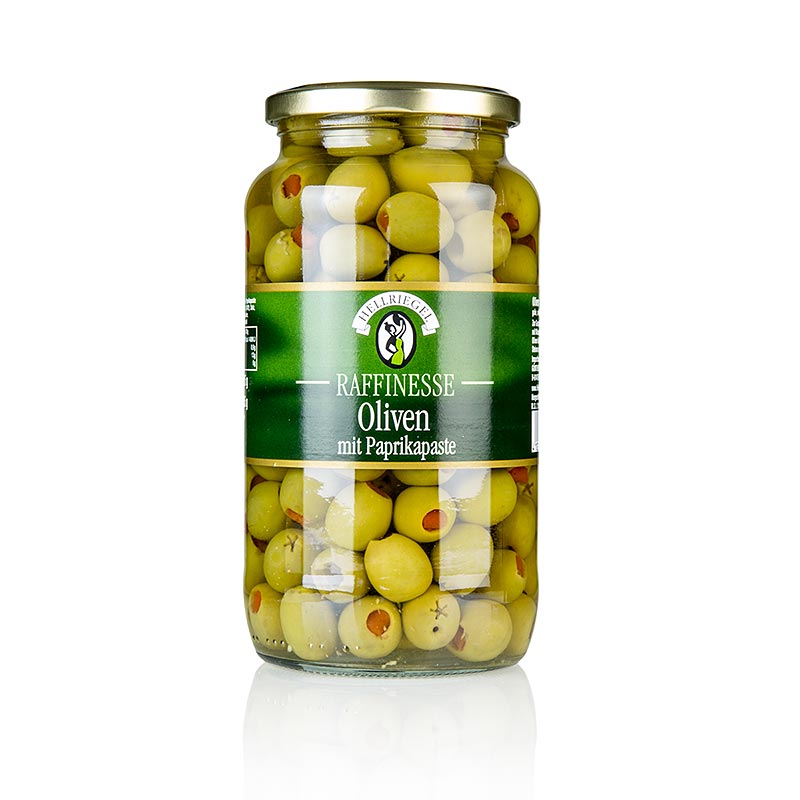 Hellriegel - Olives vertes, dénoyautées, à la pâte de paprika, en saumure, Raffinesse, 935 g