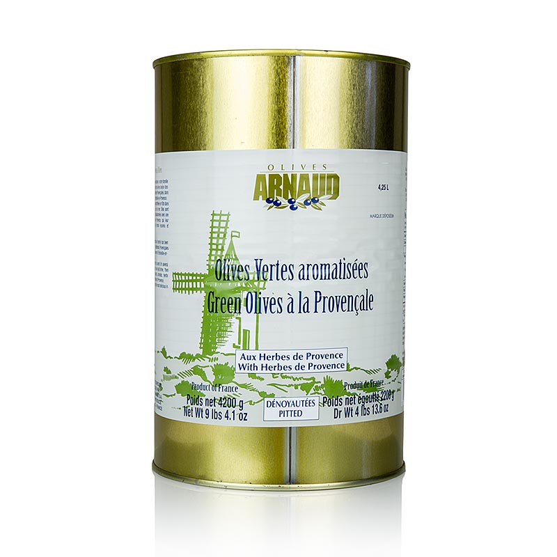 Olives vertes dénoyautées, aux herbes de Provence, en saumure, Arnaud, 4,2 kg