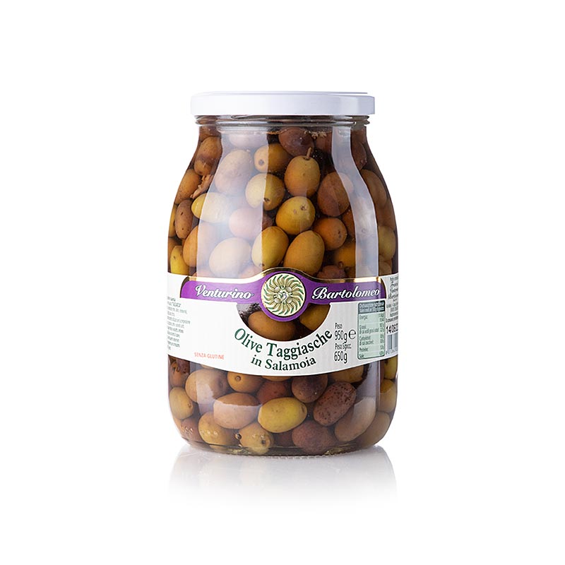 Miscela di olive, olive Taggiasche verdi e nere, con nocciolo, in salamoia, Venturino