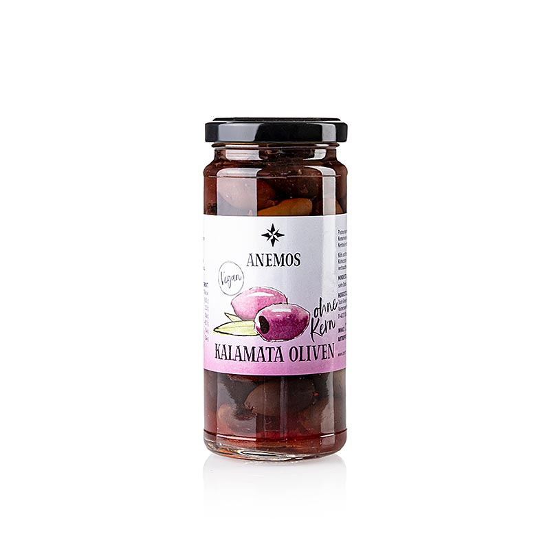 Olives noires dénoyautées, olives Kalamata, en saumure, ANEMOS, 227 g