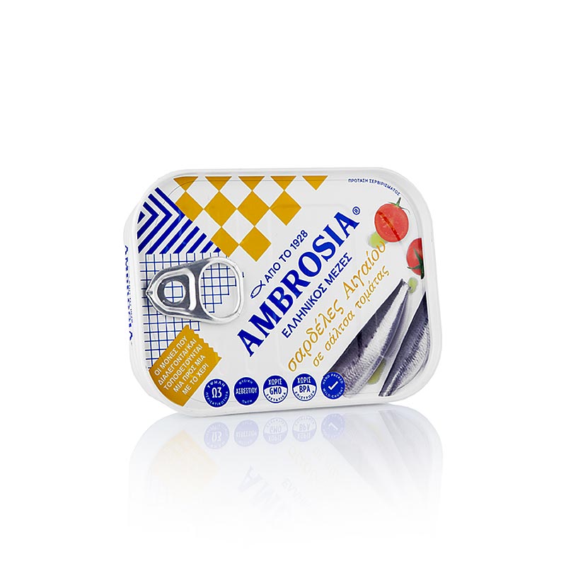 Sardine al pomodoro, preparate con pesce fresco del Mar Egeo, del marchio Ambrosia, confezionate in una lattina da 105 g Lattina