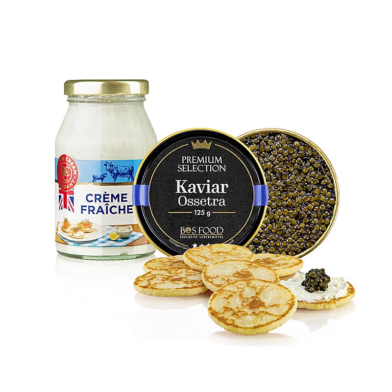 Bos Kaviar-Knüller-Set (125g Ossetra-Kaviar, 16 Blinis, 170g Creme Fraiche), 652 g, 3 tlg.