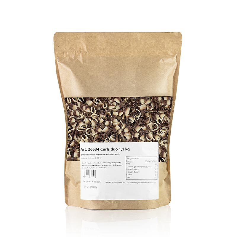 Râpe à garnir chocolat fleur blanc/lait entier (Curls Duo), 11 kg