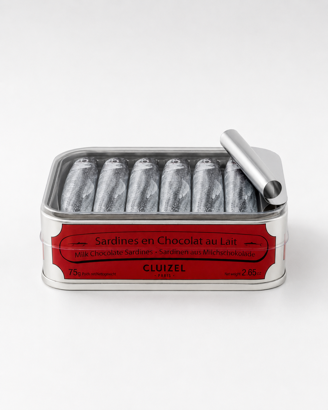 Sardine al cioccolato, cioccolato al latte, Lattina, Michel Cluizel, 75 g, 5 pezzi