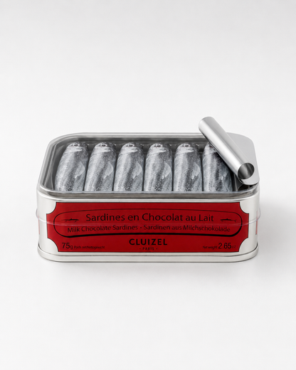 Sardine al cioccolato, cioccolato al latte, Lattina, Michel Cluizel, 75 g, 5 pezzi