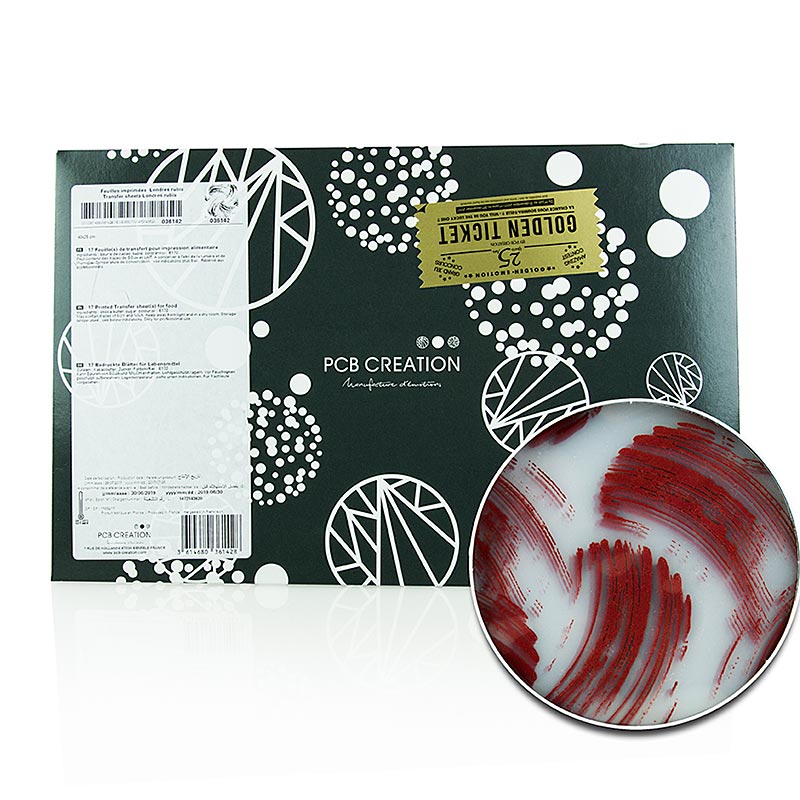 Foglio decorativo peel-off "Londres Rubin" (macchie rosse), per cioccolato, 40x25cm, 17 fogli