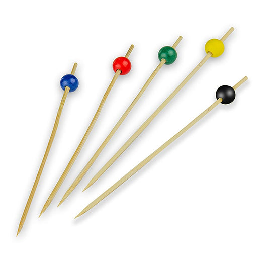 Franz Mensch - Bambus-Spieße, mit Kugel, 5 Farben (rot, braun, gelb, blau, schwarz), 15cm, 100 St