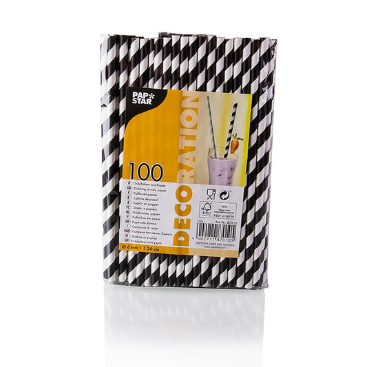 PAPSTAR - Cannucce monouso in carta "Streifen", bianco e nero, 20 cm, 100 pezzi