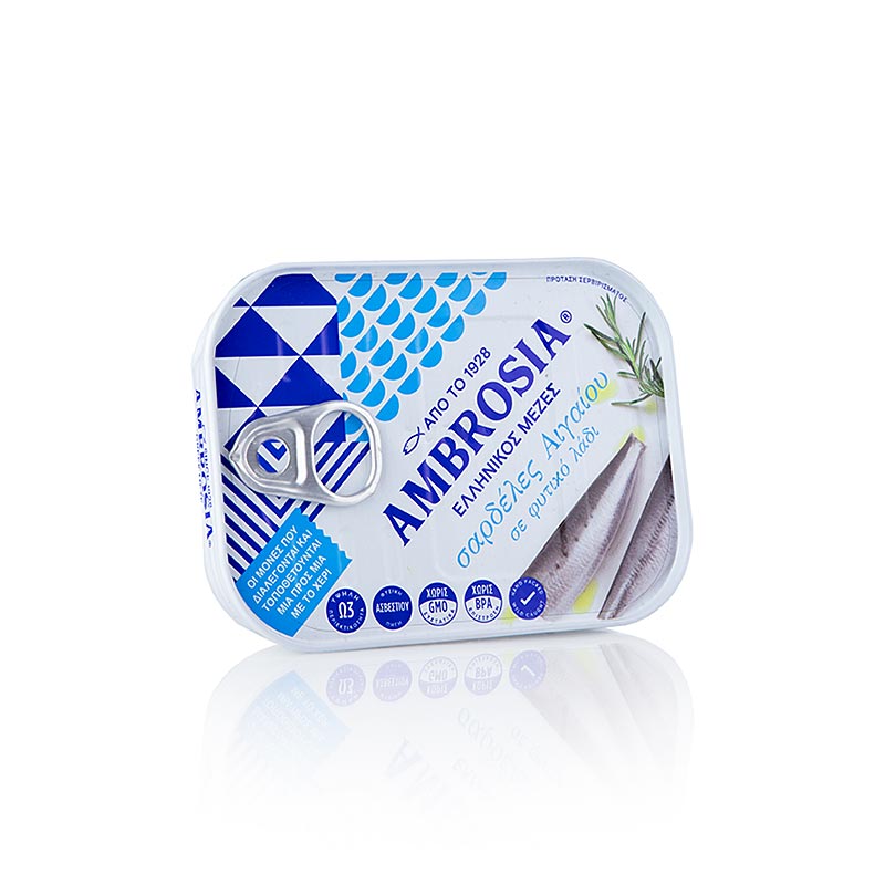 Sardine sott'olio del Mar Egeo, Ambrosia, 105 g Lattina, ideali a casa o in viaggio - sardine di alta qualità, pescate e conservate secondo metodi tradizionali, dal gusto e dalla consistenza autentici, perfette come antipasto, nelle insalate o nei piatti di pasta, dai ricchi aromi del Mediterraneo
