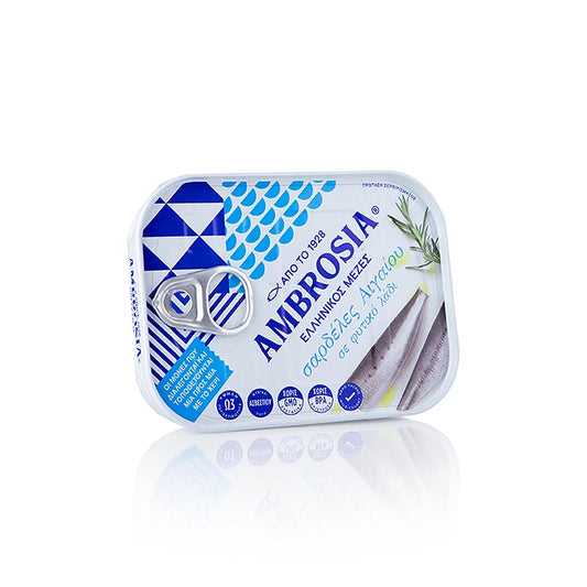 Sardinen in Öl, aus dem Ägäischen Meer, Ambrosia, 105 g Dose, ideal für zu Hause oder unterwegs - hochwertige Sardinen, nach traditionellen Methoden gefangen und konserviert, authentischer Geschmack und Textur, perfekt als Vorspeise, in Salaten oder Nudelgerichten, reiche Aromen des Mittelmeers