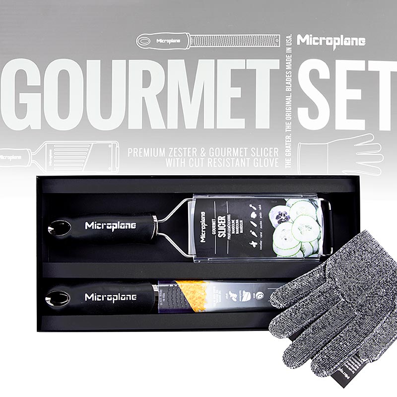 Set regalo Microplane "Gourmet-Set", grattugia a spirale + affettatrice + guanto, 3 pezzi