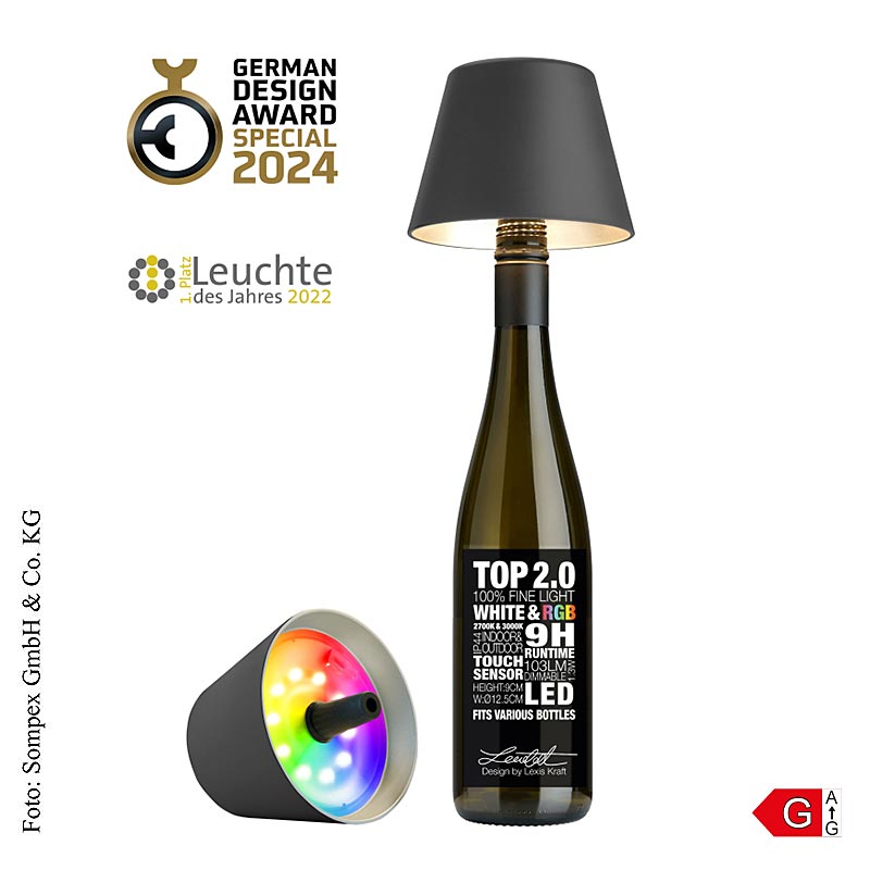 Lampe de table « TOP 2.0 », pour bouteilles, avec batterie, 11 x 12,5 cm, plastique, anthracite (78432), 1 pièce