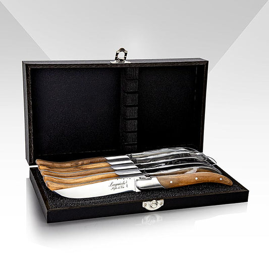 Montargo - Lot de 6 couteaux à steak, manche en bois d'olivier, argentés, coffret en bois, Laguiole, 6 pièces
