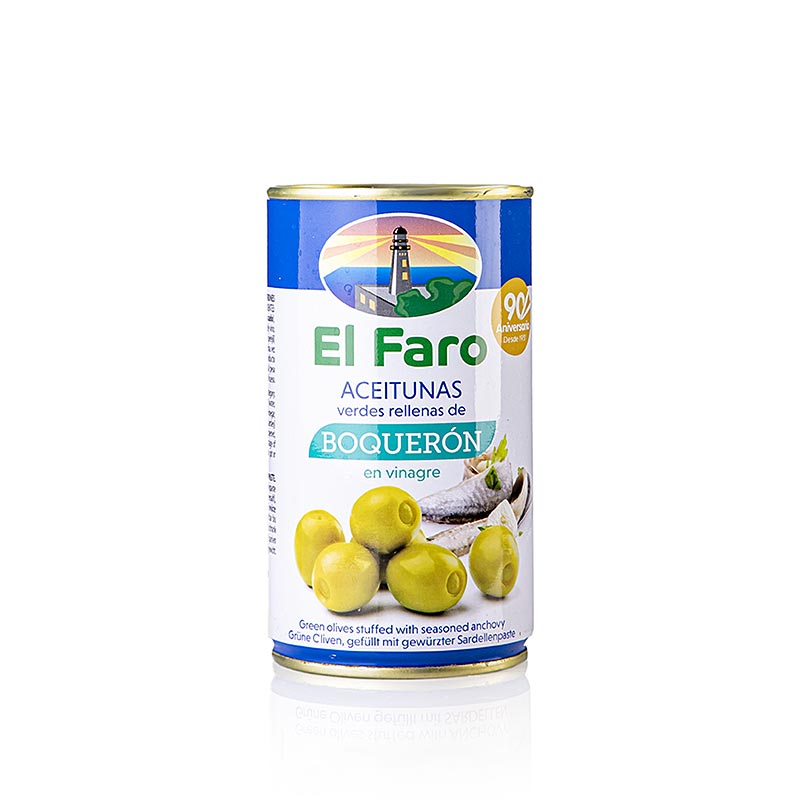 Grüne Oliven, mit Anchovis Boqueron (Sardelle Essig), El Faro, 350 g