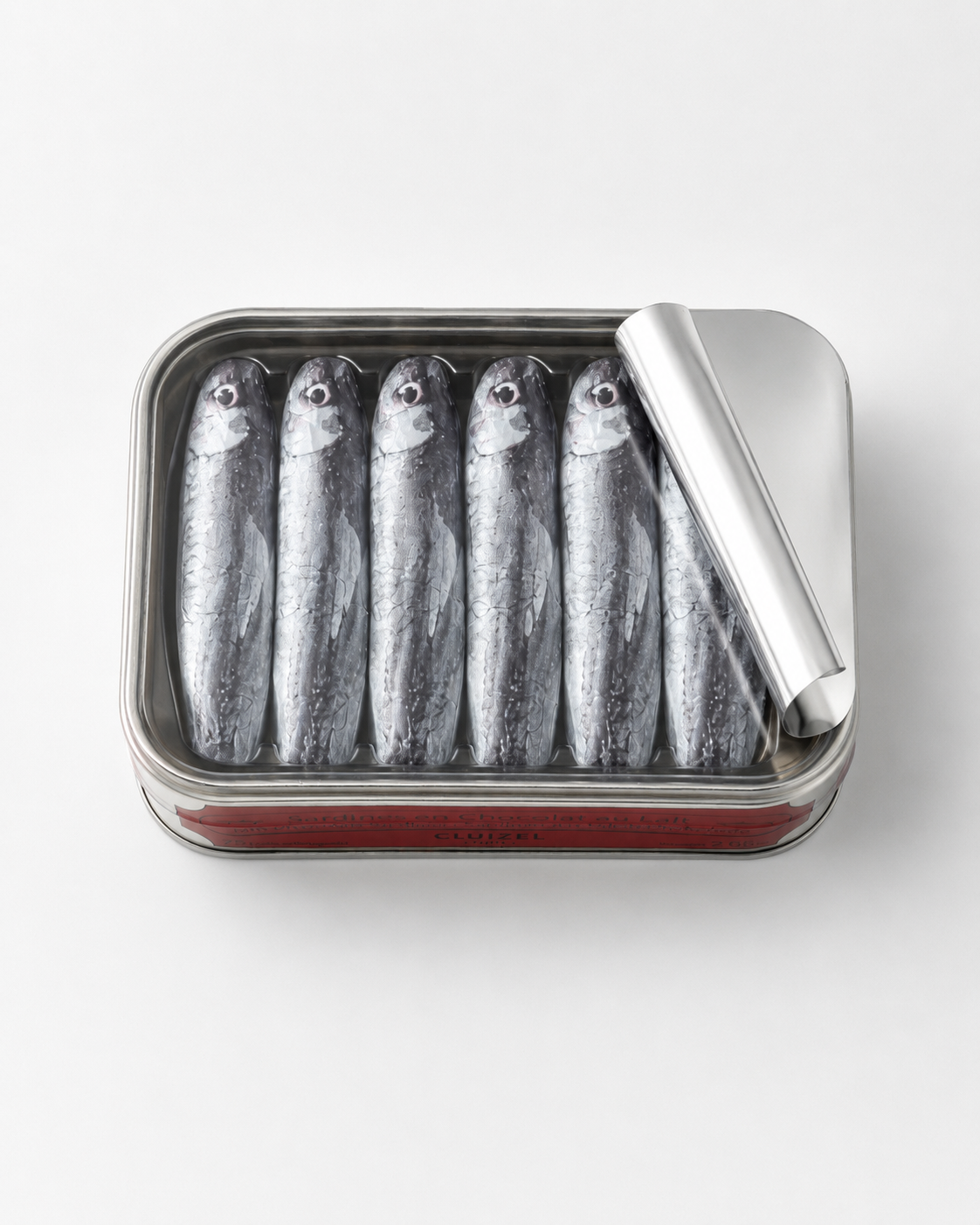 Sardine al cioccolato, cioccolato al latte, Lattina, Michel Cluizel, 75 g, 5 pezzi