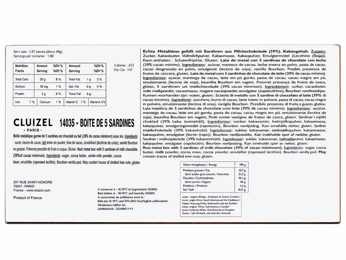 Sardine al cioccolato, cioccolato al latte, Lattina, Michel Cluizel, 75 g, 5 pezzi