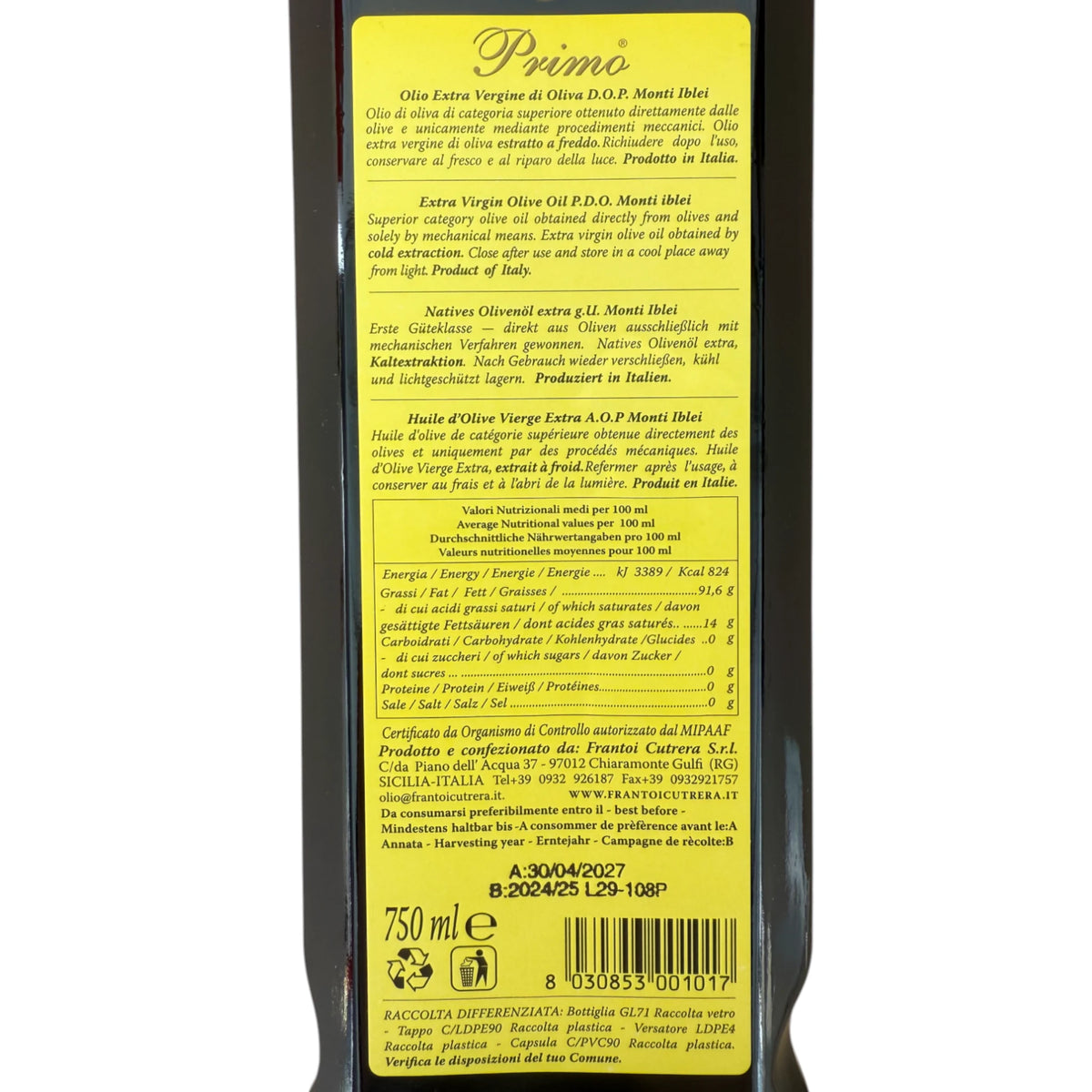 Frantoi Cutrera Primo DOP, Natives Olivenöl Extra, 100% Tonda Iblea, 750 ml | Essig & Öl | thungourmet