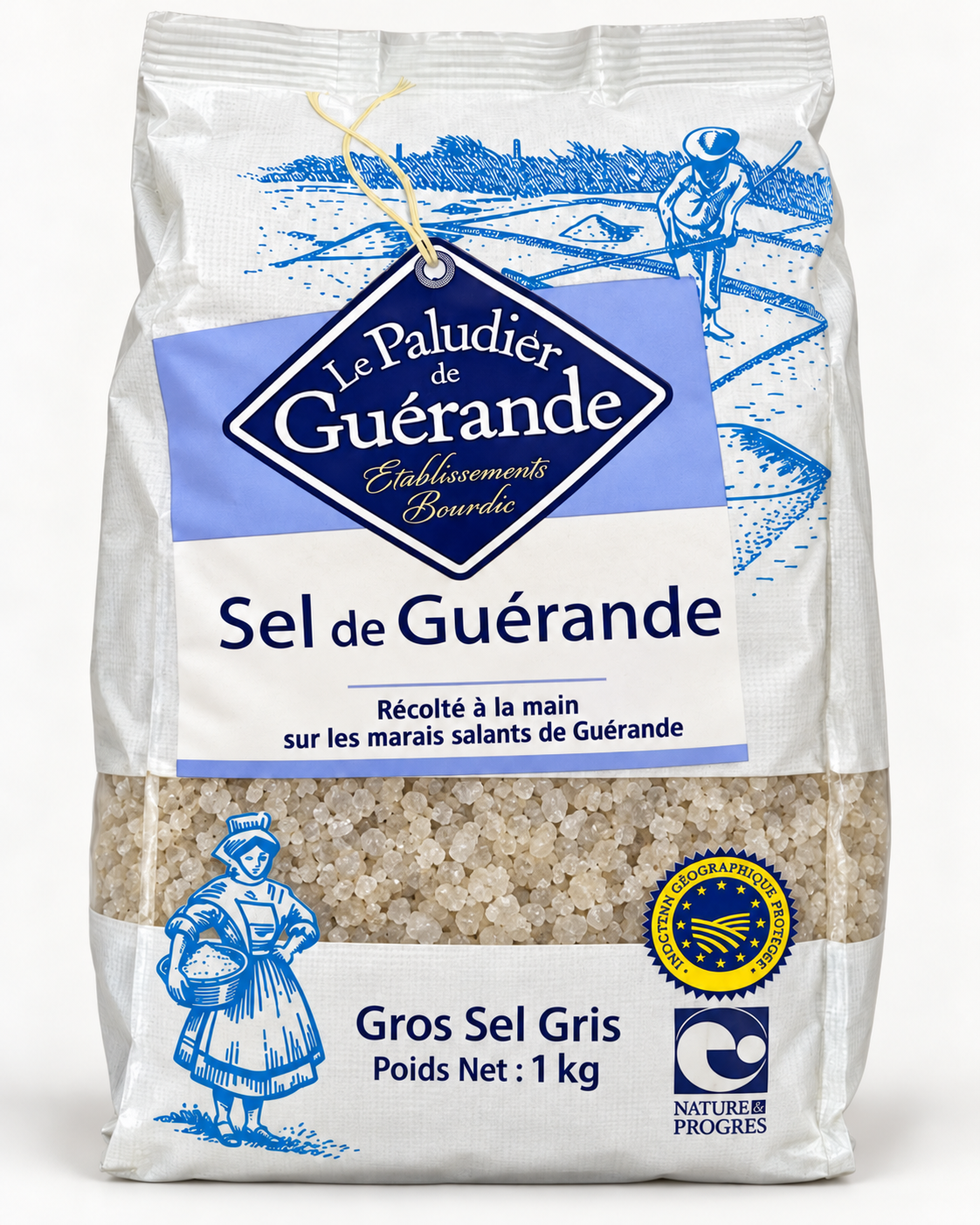 Le Paludier de Guérande – grobes graues Meersalz im 1-kg-Beutel, Vorderansicht.